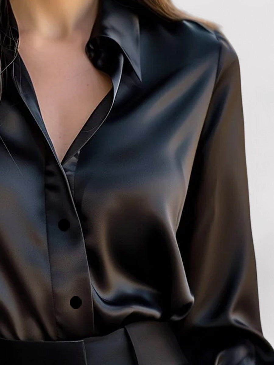 Ancien | Women's Elegant Black Satin Long Sleeves Blouse