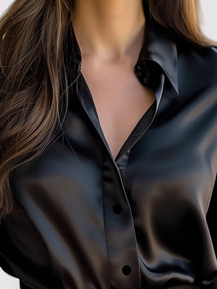 Ancien | Women's Elegant Black Satin Long Sleeves Blouse