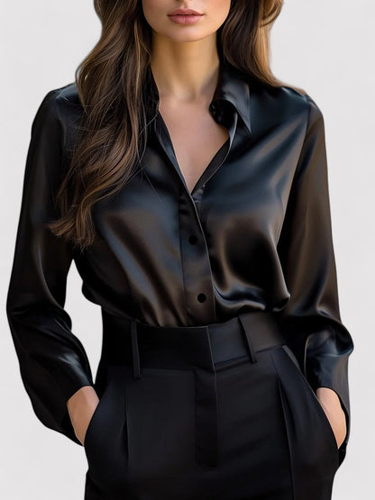 Ancien | Women's Elegant Black Satin Long Sleeves Blouse