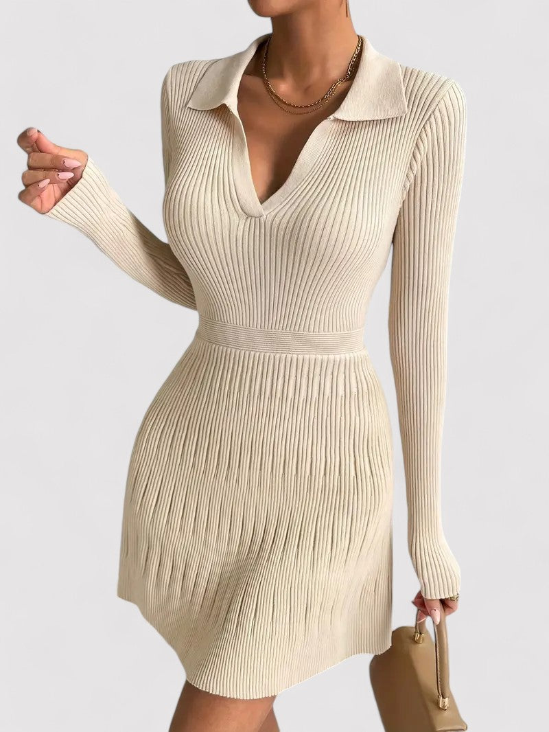 Ancien | Long-Sleeved A-line Ribbed Dress with Elegant Collar