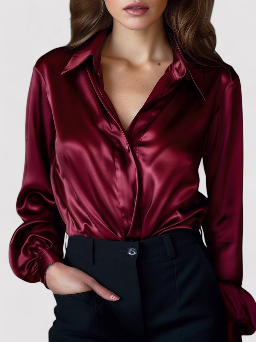 Ancien | Women's Elegant Black Satin Long Sleeves Blouse