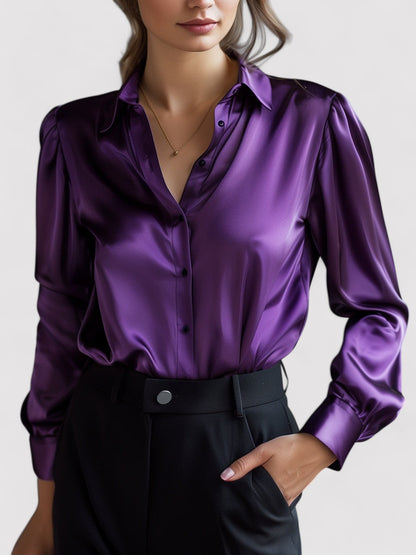 Ancien | Women's Elegant Black Satin Long Sleeves Blouse