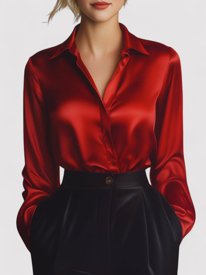 Ancien | Women's Elegant Black Satin Long Sleeves Blouse