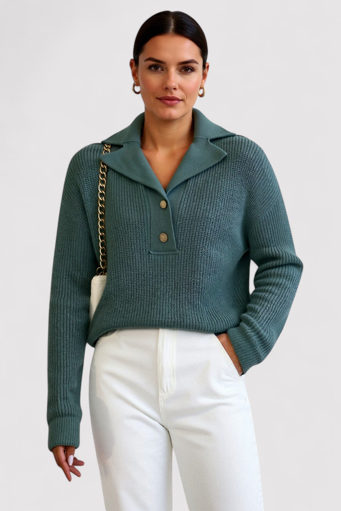 Ancien | Women's Chic Elegant Knit Sweater with Large Collar and Button Detail