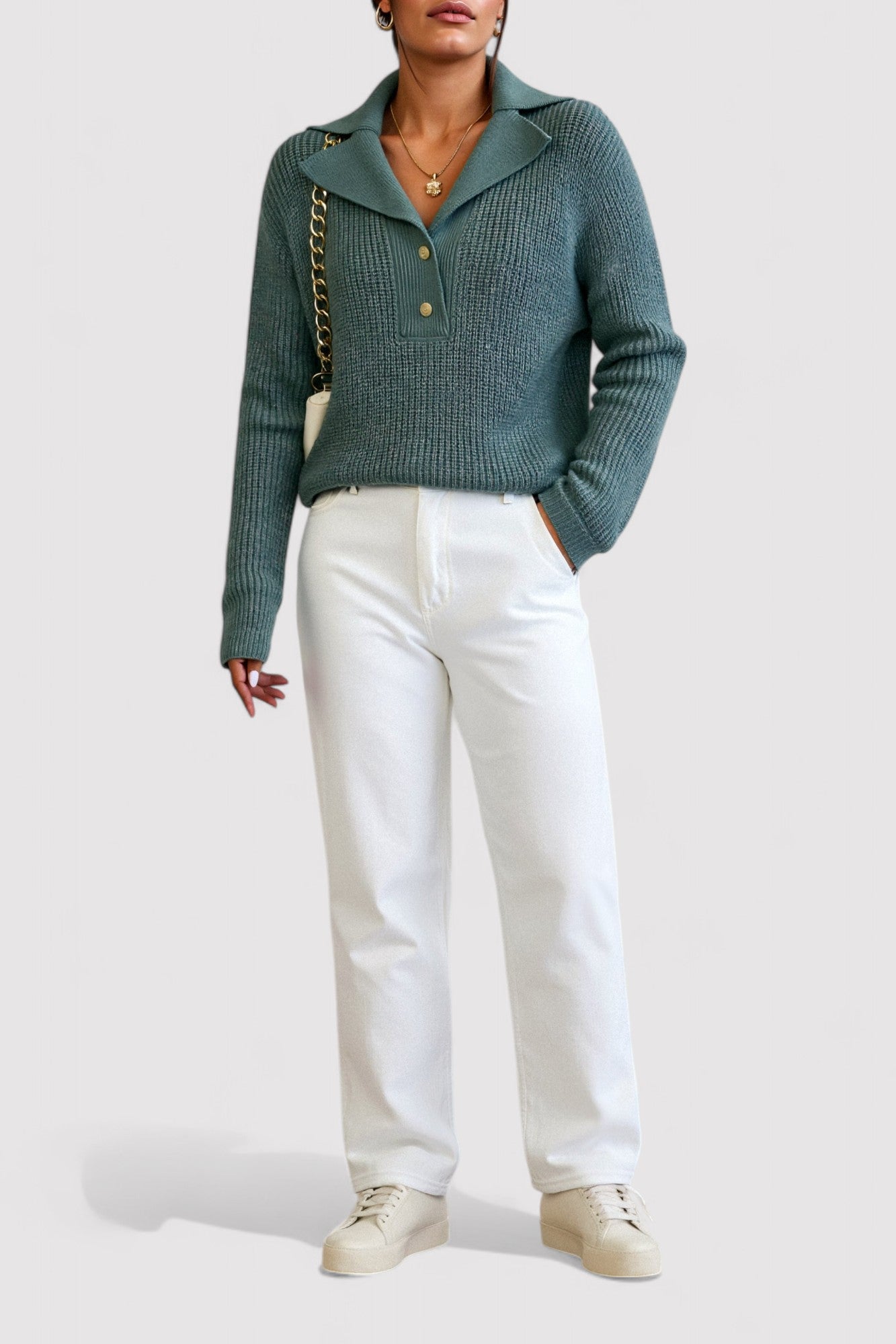 Ancien | Women's Chic Elegant Knit Sweater with Large Collar and Button Detail