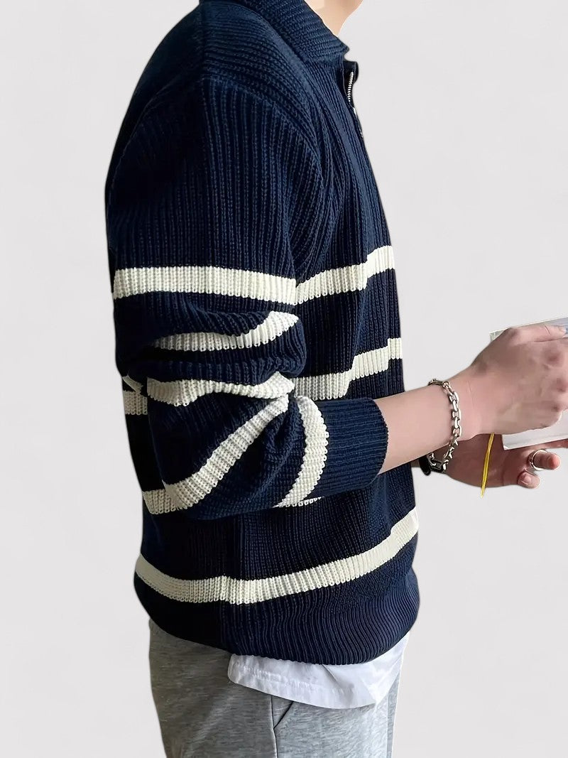 Ancien | Casual Striped Half Zip Sweater Navy Blue