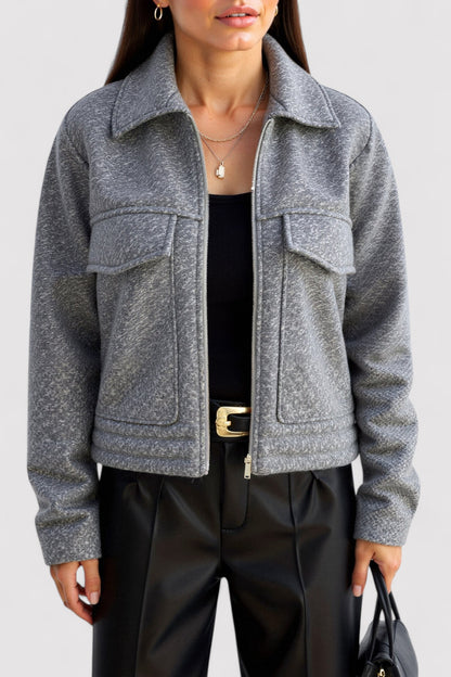 Ancien | Women's Old Money Elegant Plain Color Zip Up Tweed Jacket