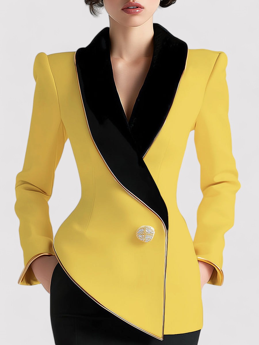 Ancien | Women's Elegant Asymmetrical White Blazer with Black Contrast Lapels