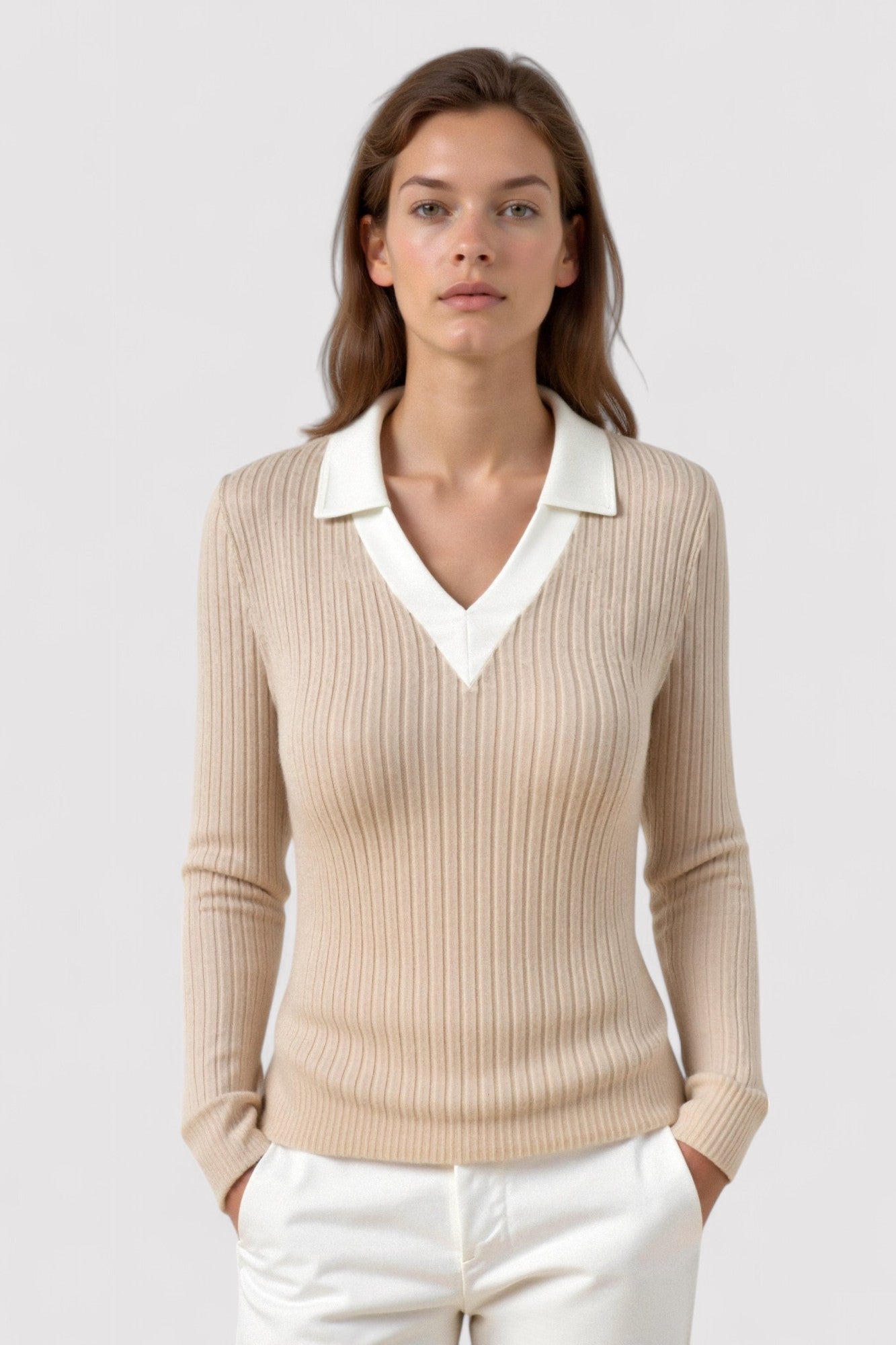 Ancien | Women's Old Money Knitted Woolen Slim Rib Knit Polo Sweater