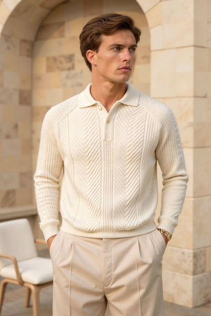 Ancien | Men's Old Money Men's Retro Solid Color Textured Knit Long Sleeve Golf Sweater