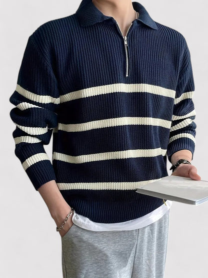 Ancien | Casual Striped Half Zip Sweater Navy Blue