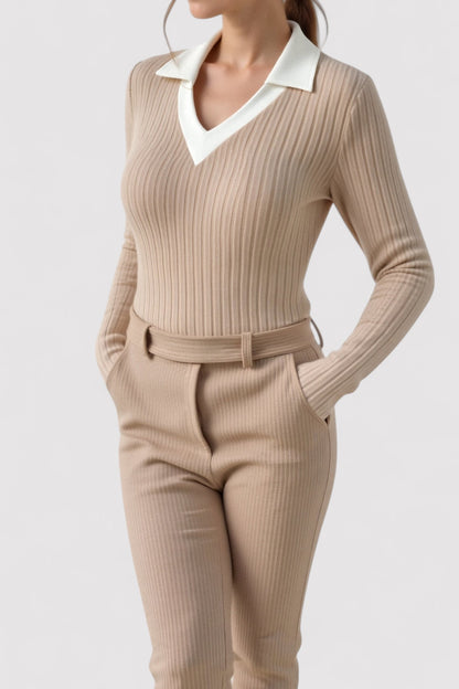 Ancien | Women's Old Money Knitted Woolen Slim Rib Knit Polo Sweater