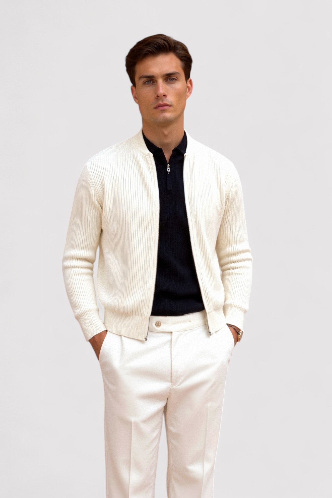 Ancien | Men's Luxurious Solid Knitted Crew Neck Cardigan