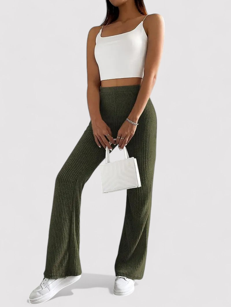 Ancien | Ribbed Flare Leg Trousers with High Waist