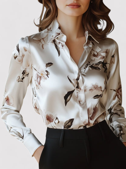 Ancien | Women's Modern Satin Printed Blouse with Magnolia Pattern Elegance