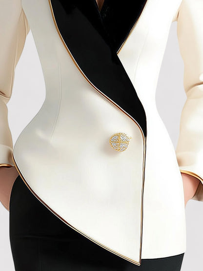 Ancien | Women's Elegant Asymmetrical White Blazer with Black Contrast Lapels