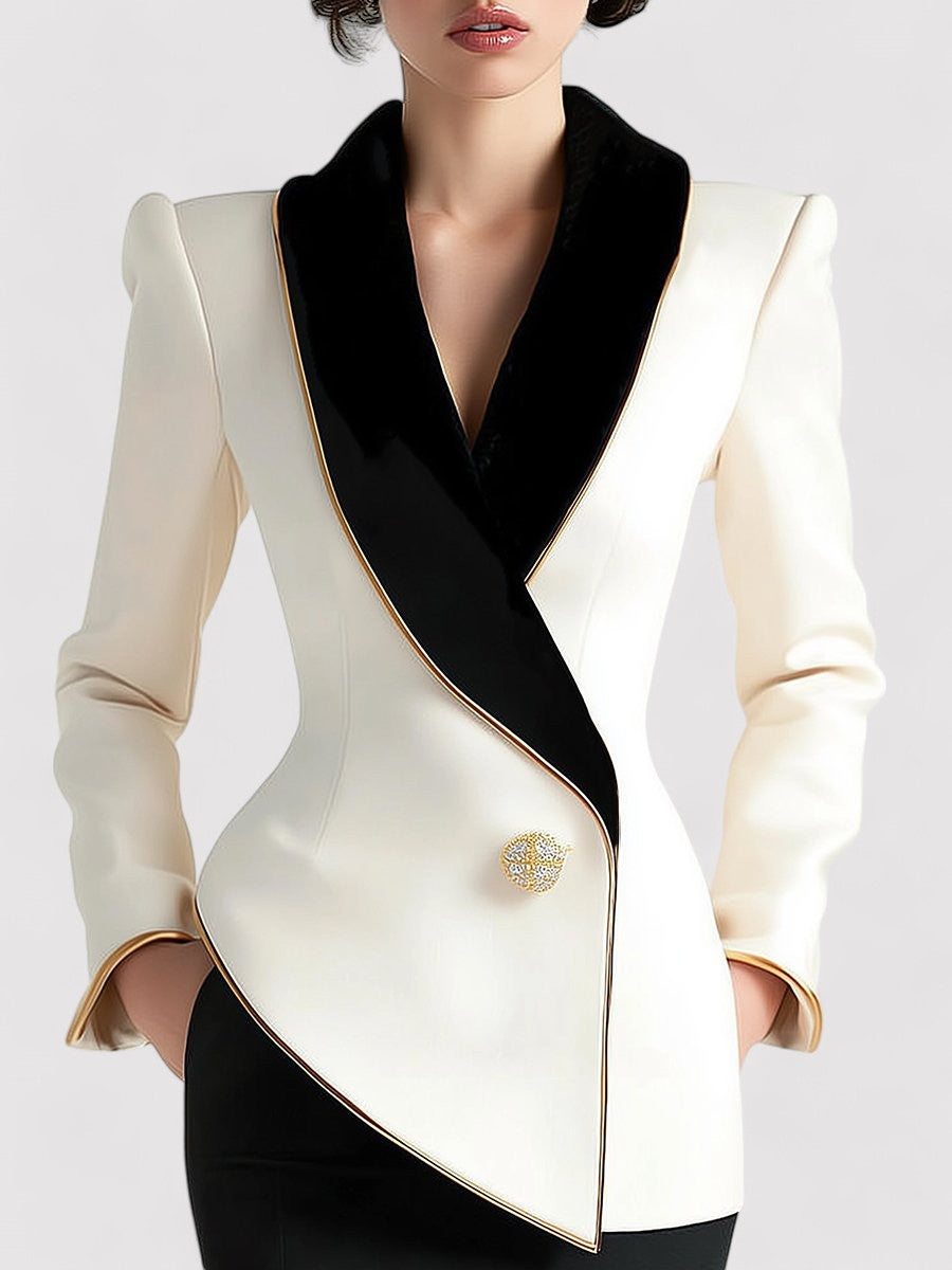 Ancien | Women's Elegant Asymmetrical White Blazer with Black Contrast Lapels