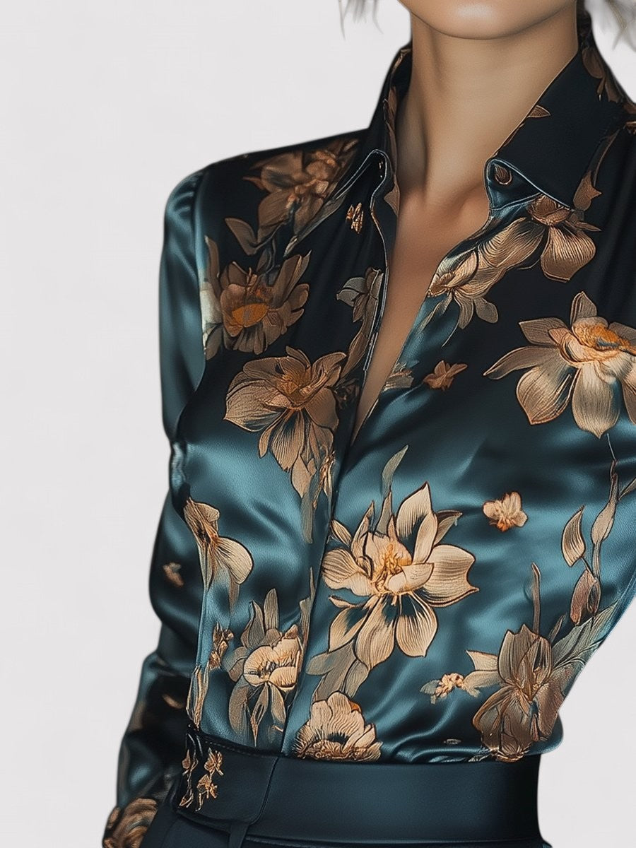 Ancien | Women's Golden Lotus Floral Satin Printed Blouse