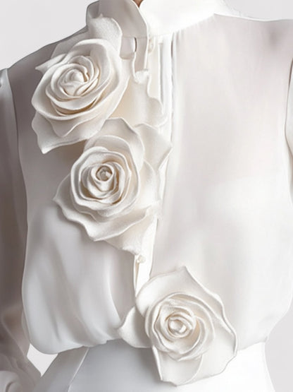 Ancien | Women's Modern White Blouse with 3D Rose Accents