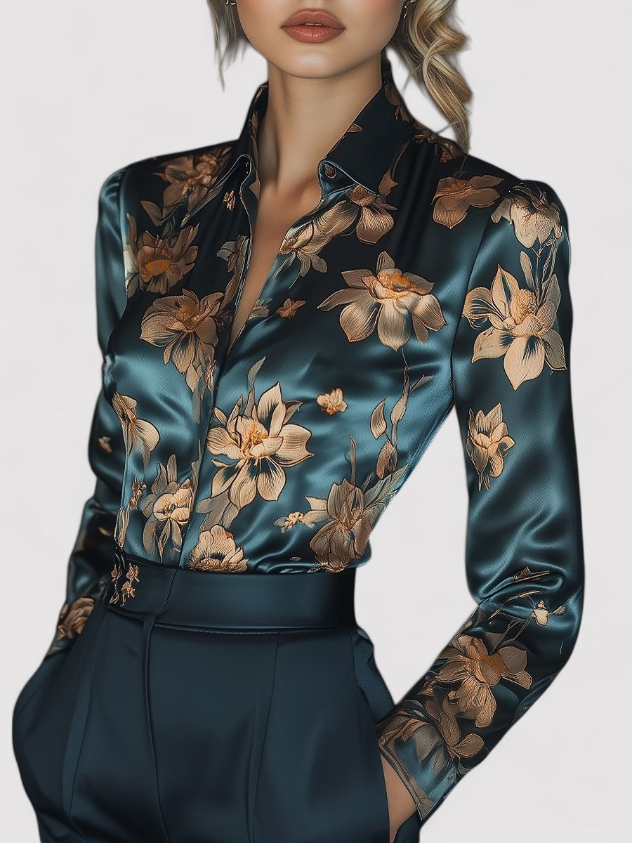 Ancien | Women's Golden Lotus Floral Satin Printed Blouse