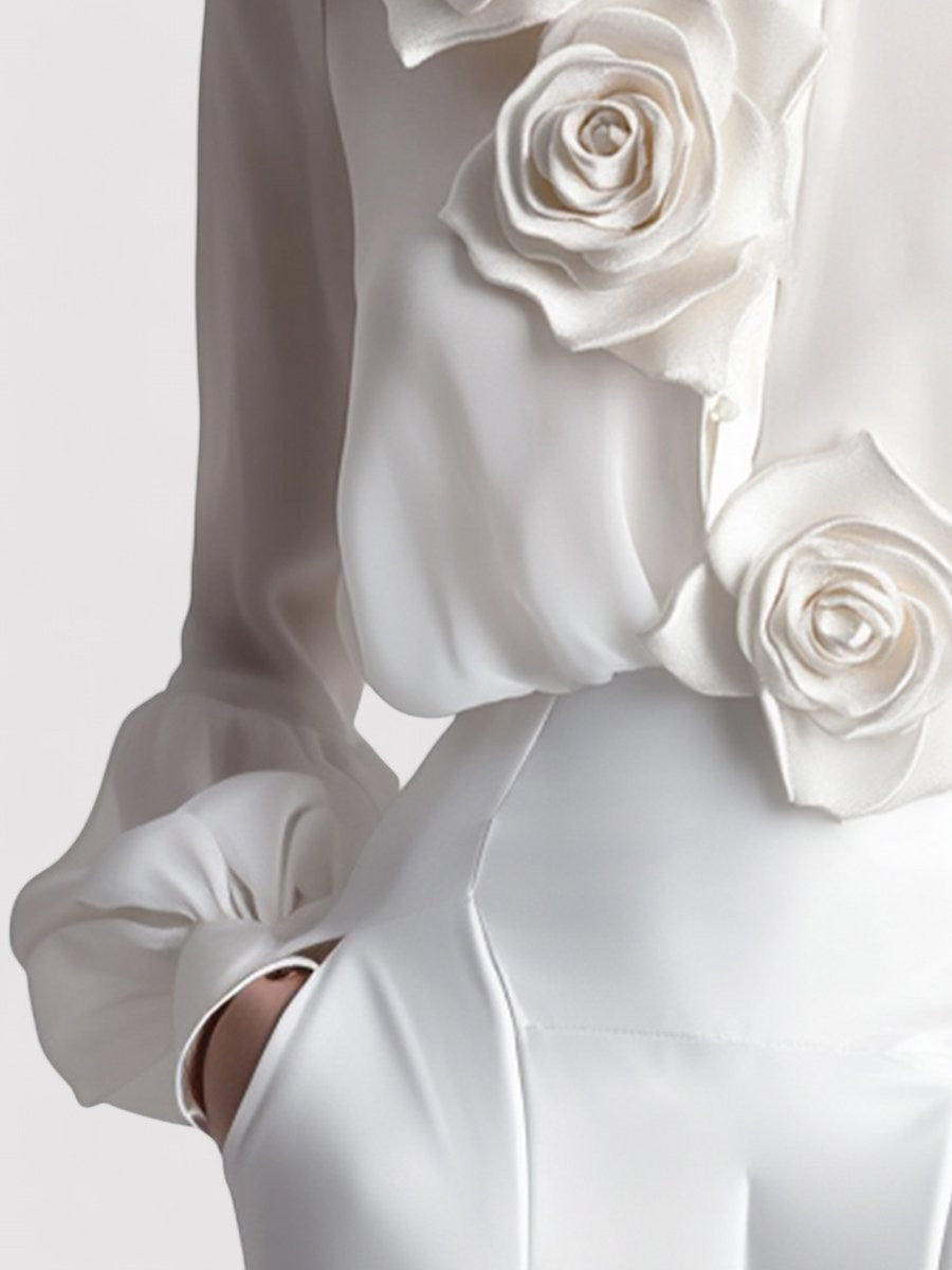 Ancien | Women's Modern White Blouse with 3D Rose Accents