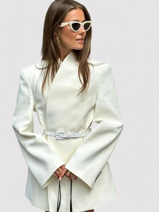 Ancien | Elegant Plain Long Women's Coat with Shoulder Pads